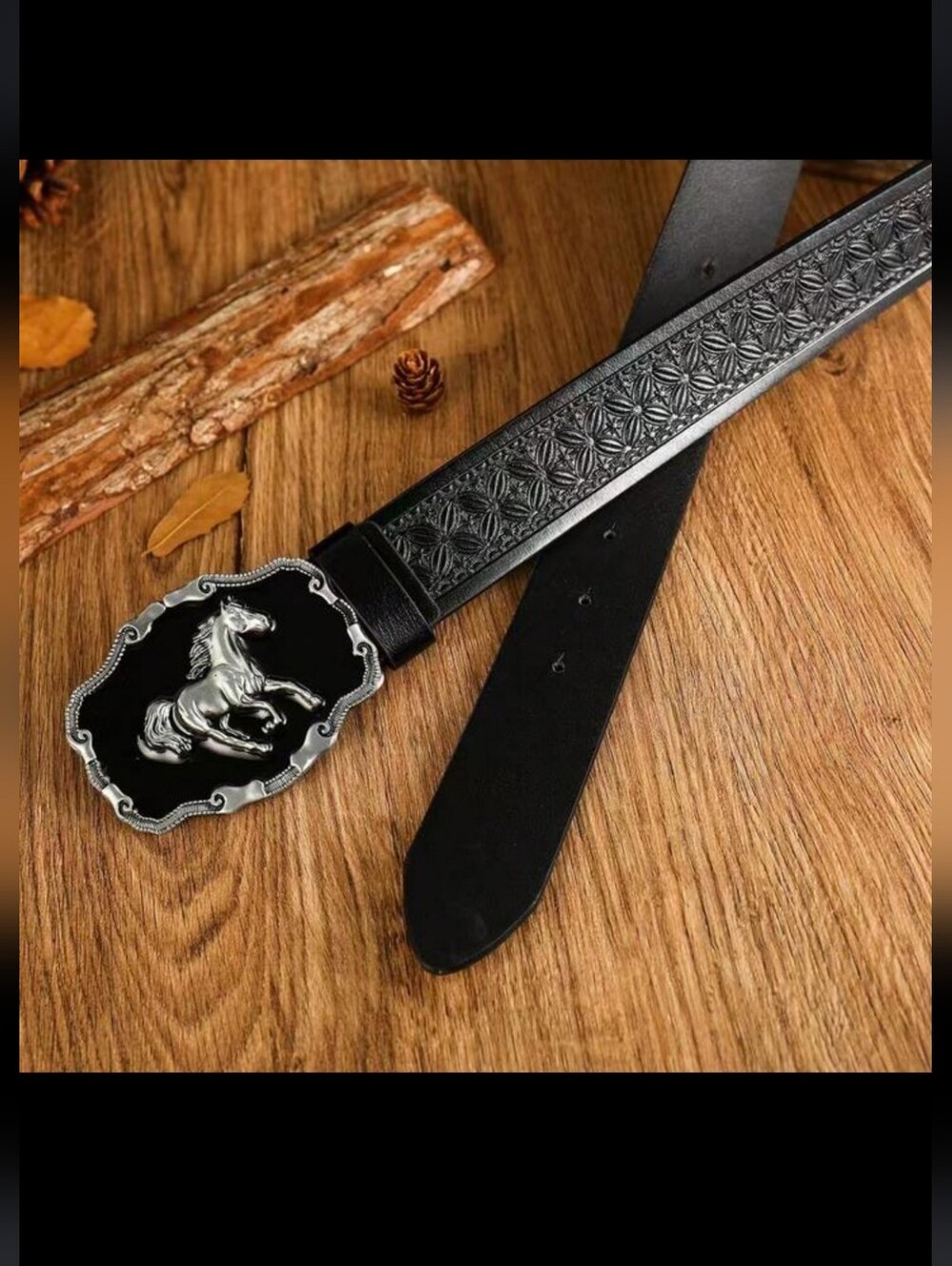 Western Cowboy Black Leather Belt with Decorative Horse Buckle - Picture 4 of 10